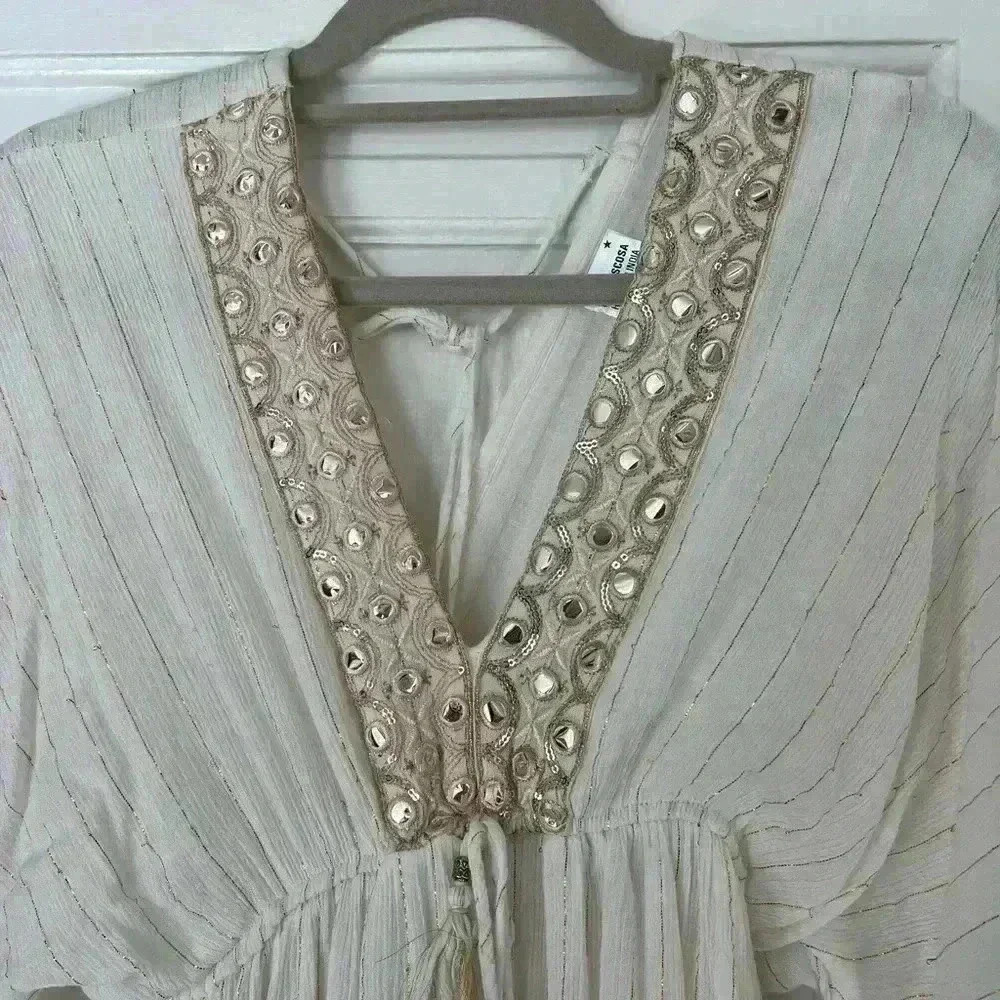 Ivory Boho Mirror Embellished Maxi Dress Viscose Kaftan Festival Beach Resort - Picture 15 of 17